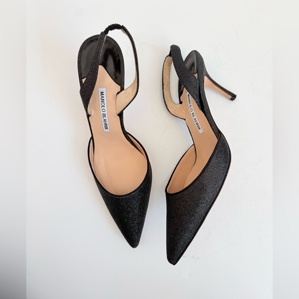 Manolo Blahnik Black Glitter Leather Carolyne Slingback pumps 70mm EU 39.5